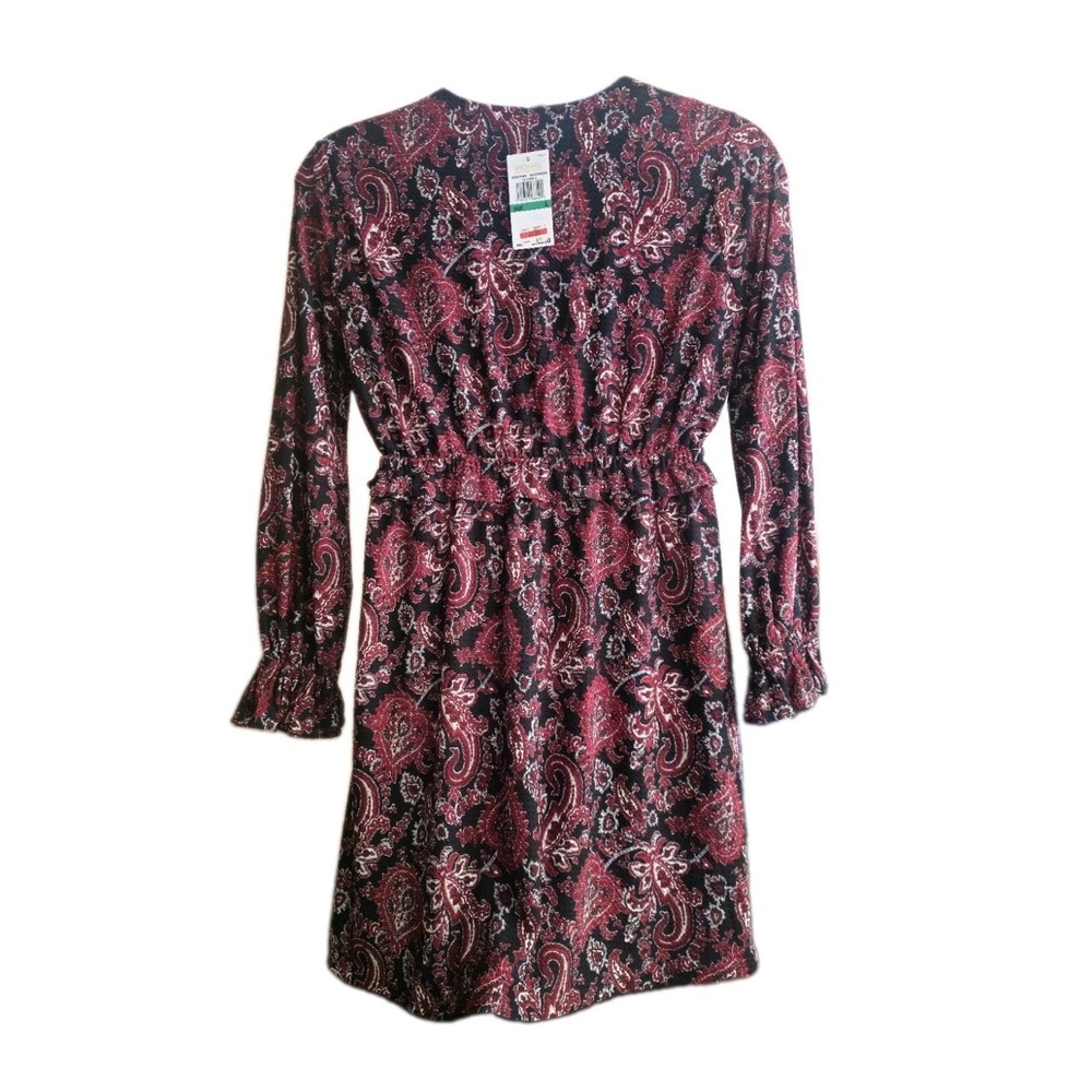 NWT Michael Michael Kors Black Maroon Paisley Faux Wrap Ruffle Sleeves Dress L - Picture 7 of 7
